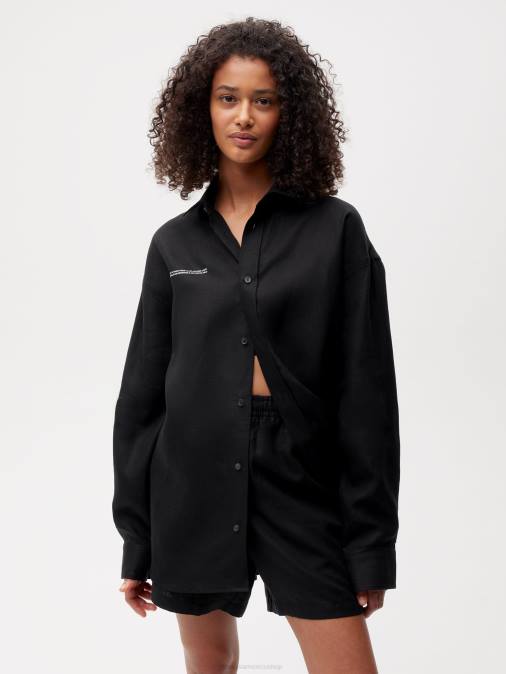 mujer camisa de manga larga con cuello de lino de aloe Pangaia negro ropa TDTH398