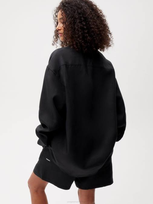 mujer camisa de manga larga con cuello de lino de aloe Pangaia negro ropa TDTH398