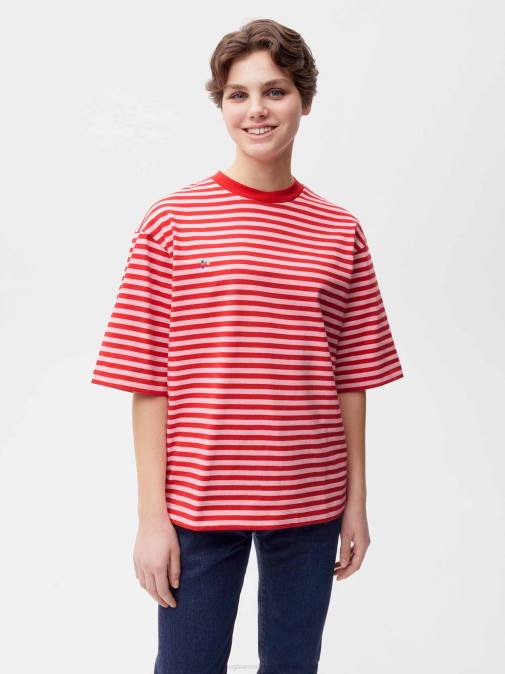 mujer playera boxy con rayas de algodón reciclado Pangaia rojo jaspe ropa TDTH207