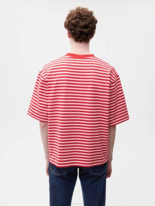 mujer playera boxy con rayas de algodón reciclado Pangaia rojo jaspe ropa TDTH207