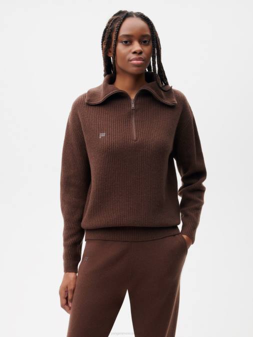 mujer jersey de cachemira reciclada con media cremallera Pangaia Castaño ropa TDTH114