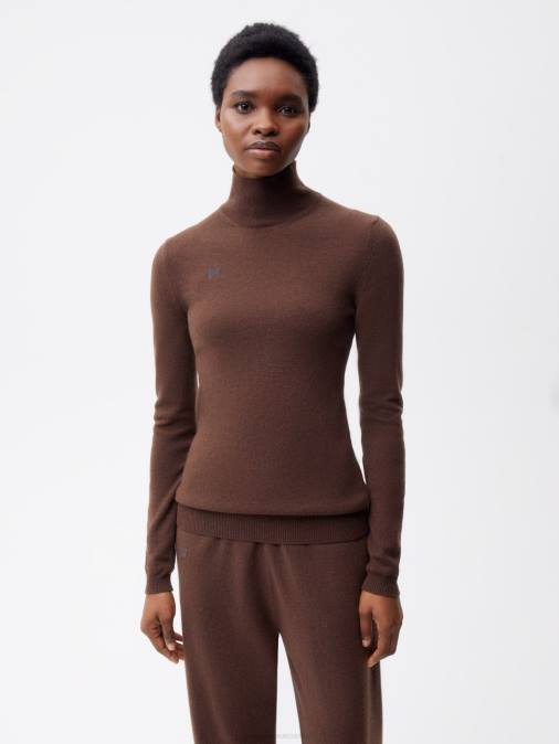 mujer top ajustado de cachemira reciclada con cuello alto Pangaia Castaño ropa TDTH121